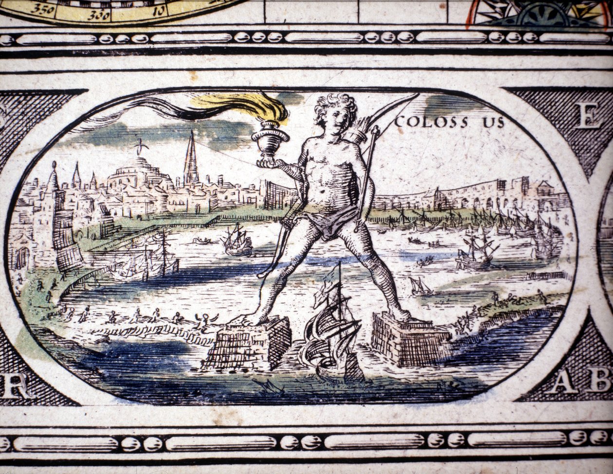 Representación de las Siete Maravillas de la Antigüedad: el Coloso de Rodas. en el Atlas de Jansson Jannsonius impreso en Ámsterdam en 1630. Colección privada. de Joannes Jansson