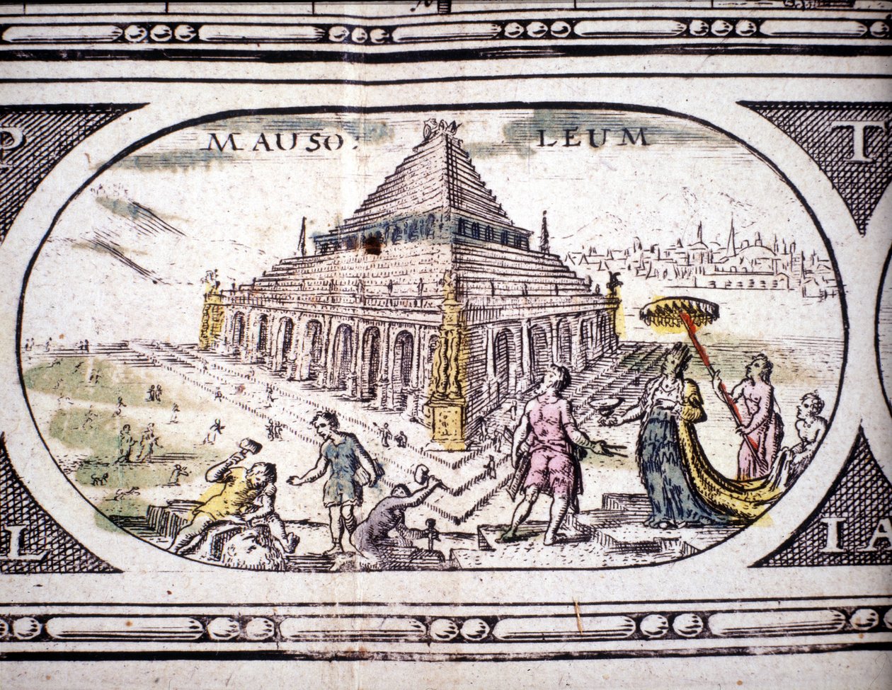 Representación de las Siete Maravillas de la Antigüedad: el Mausoleo de Halicarnaso. en el Atlas de Jansson Jannsonius impreso en Ámsterdam en 1630. Colección privada. de Joannes Jansson