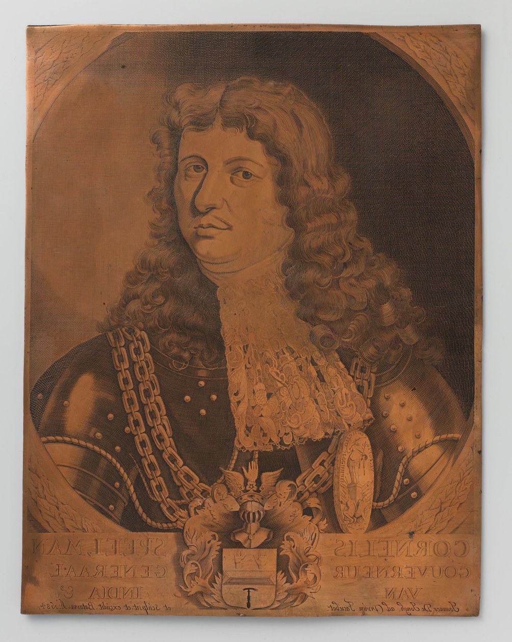 Placa de grabado en cobre con retrato (pecho) de Cornelis Speelman 1640-1684, gobernador general de las Indias Orientales Holandesas 1681-1684 de Joannes de Jongh