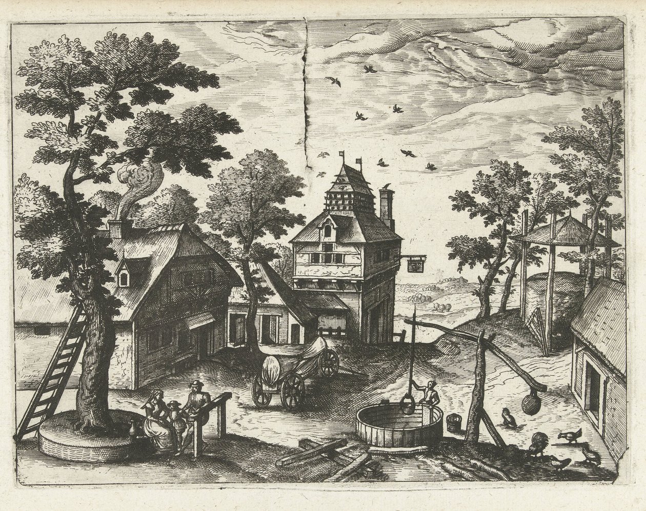 posada con pozo Paisajes, paisajes marinos y paisajes urbanos imaginativos (título de la serie) de Joannes van Doetechum (I) (attributed to)