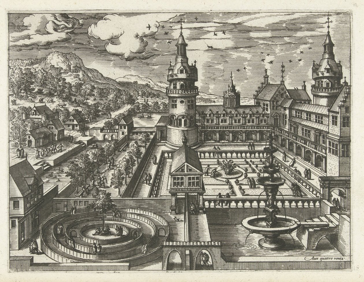 Castillo con laberinto y fuente Paisajes, paisajes marinos y paisajes urbanos imaginativos (título de la serie) de Joannes van Doetechum (I) (attributed to)