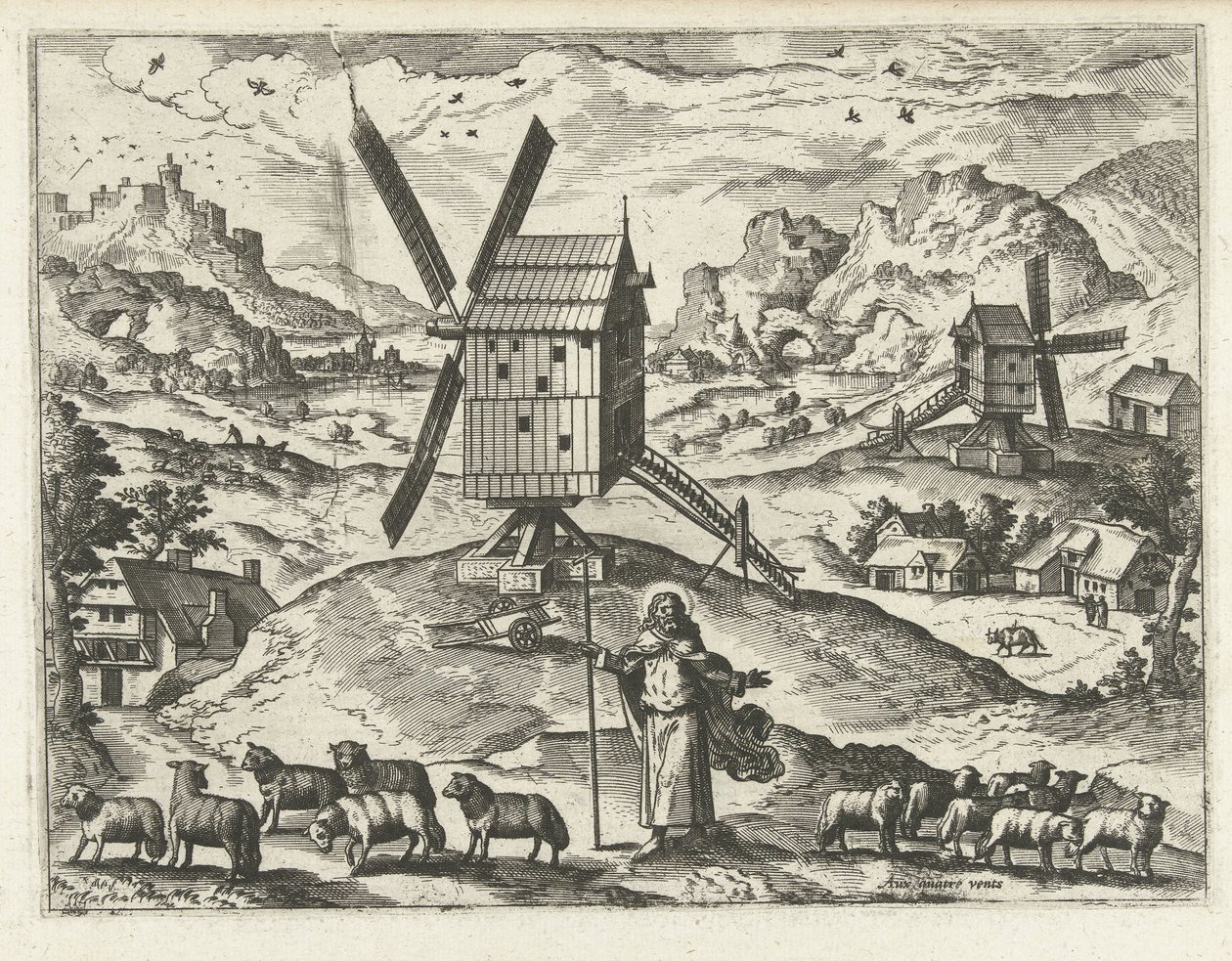 Paisaje con Cristo como Buen Pastor Paisajes, paisajes marinos y paisajes urbanos imaginativos (título de la serie) de Joannes van Doetechum (I) (attributed to)