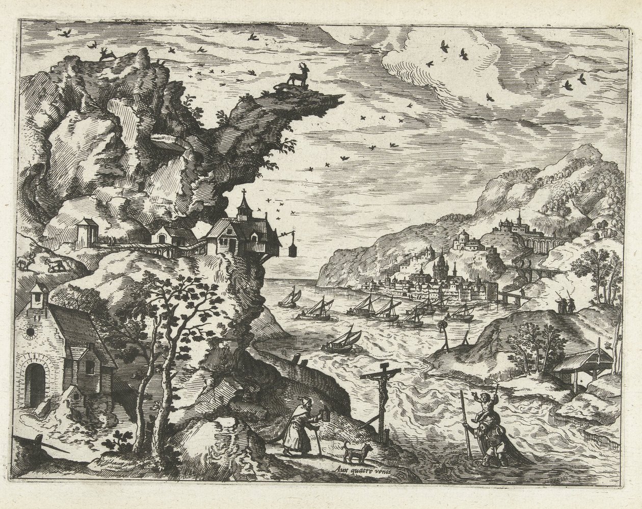 Paisaje con San Cristóbal Paisajes, paisajes marinos y paisajes urbanos imaginativos (título de la serie) de Joannes van Doetechum (I) (attributed to)
