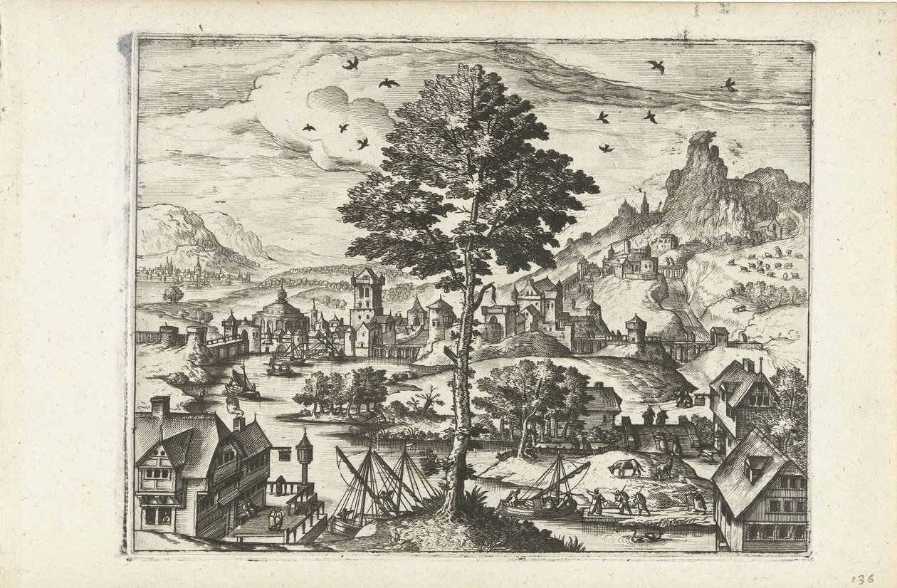 Paisaje con un pueblo en un río Paisajes, paisajes marinos y paisajes urbanos imaginativos (título de la serie) de Joannes van Doetechum (I) (attributed to)