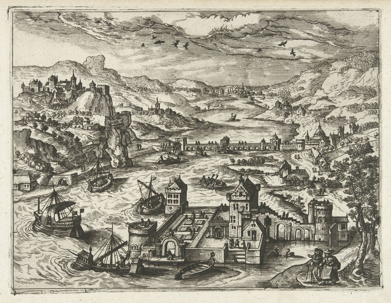 Paisaje fluvial con castillo rodeado de foso Paisajes, paisajes marinos y paisajes urbanos imaginativos (título de la serie) de Joannes van Doetechum (I) (attributed to)