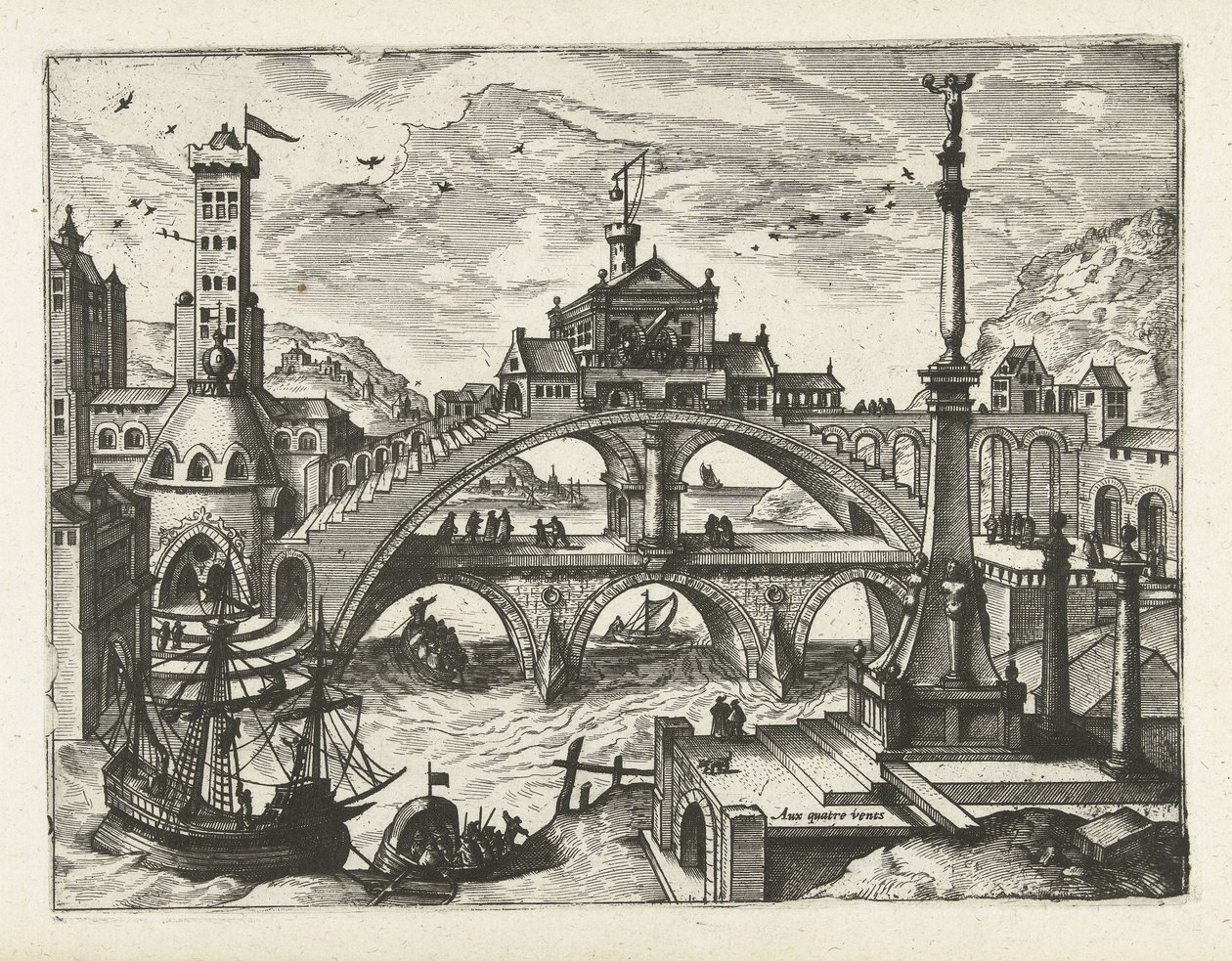 Ciudad con puente construido Paisajes, paisajes marinos y paisajes urbanos imaginativos (título de la serie) de Joannes van Doetechum (I) (attributed to)