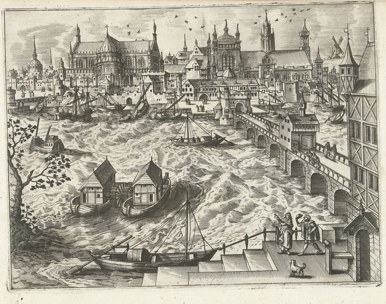 Paisaje urbano con puente y puerto. Paisajes, paisajes marinos y paisajes urbanos imaginativos (título de la serie) de Joannes van Doetechum (I) (attributed to)