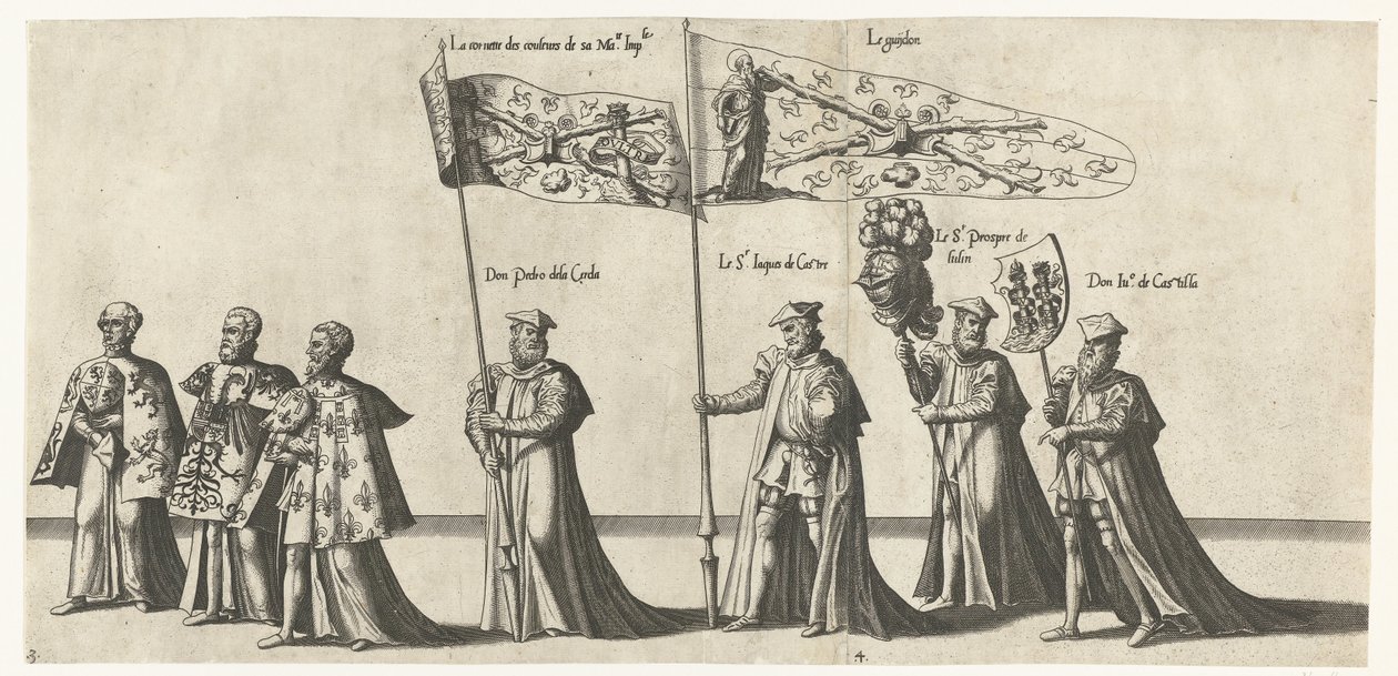 Deel van de optocht, nr. 3 en 4 Begrafenisoptocht van keizer Karel V, 1558 (título de la serie) La magnífica y suntuosa bomba funeraria, realizada en el funeral y funeral del muy grande y victorioso emperador Carlos V, celebrada en la ciudad de Bru de Joannes van Doetechum (I)
