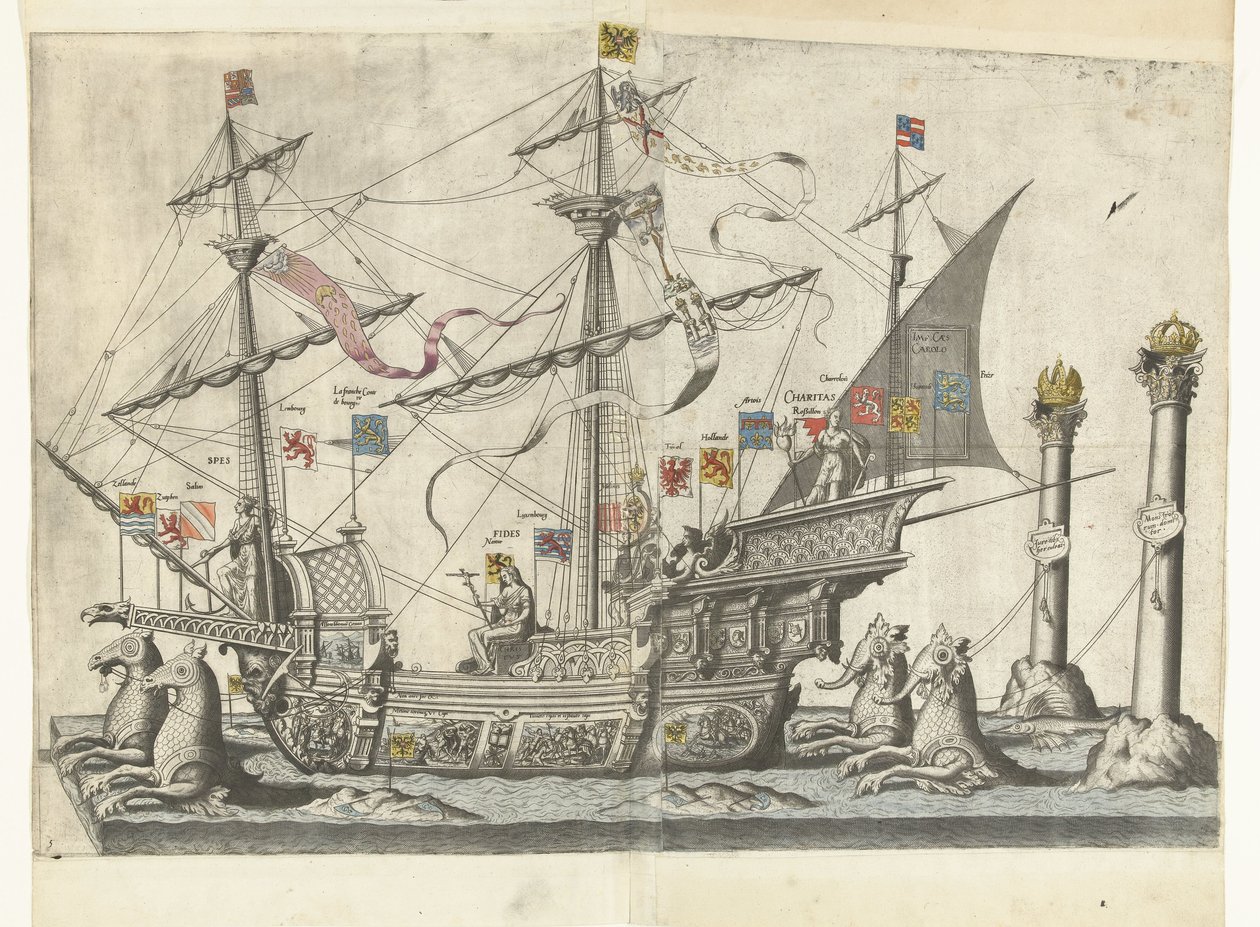 Het schip Victoria, nr. 5 Begrafenisoptocht van keizer Karel V, 1558 (título de la serie) El magnifico y suntuoso Funeral Pump, realizado en el Funeral & Funeral del muy grande y muy victorioso Emperador Carlos V, Celebrado en la Ciudad de Bruselas de Joannes van Doetechum (I)