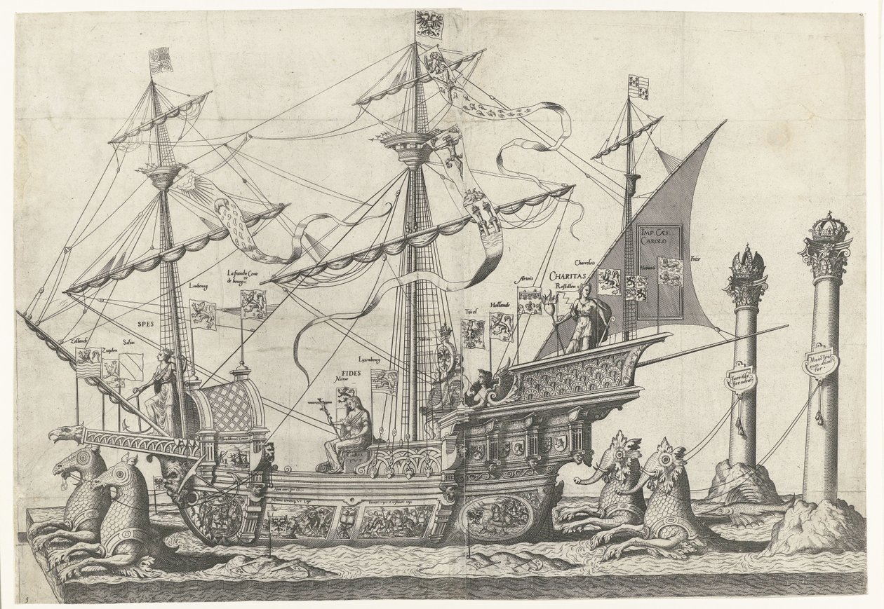 El barco Victoria, No. 5 Procesión fúnebre del emperador Carlos V, 1558 (título de la serie) de Joannes van Doetechum (I)