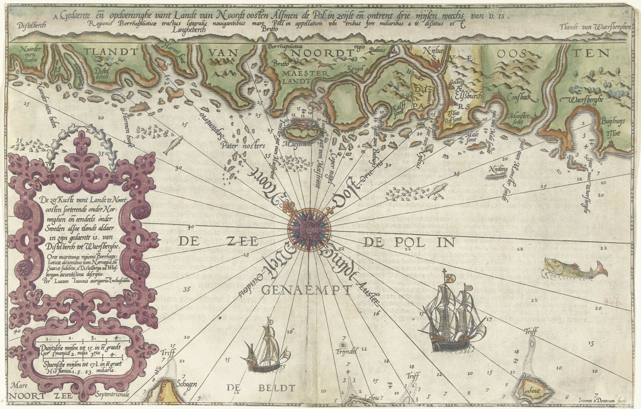 Mapa de una parte de la costa de Noruega y Suecia El mar Kuste vant Landt en el noreste clasificado bajo Noruega y en parte bajo Suecia (...) (título sobre el objeto) de Joannes van Doetechum (I)
