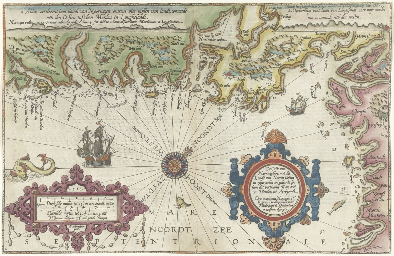 Mapa de la costa de Noruega y Suecia entre Merdøy y Uddevalla El Custe van Noorweghen, con ese terreno de norte a este en su oeste y la forma (...) (título sobre objeto) de Joannes van Doetechum (I)