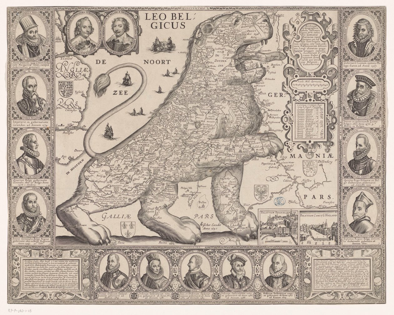 Mapa de las Diecisiete Provincias en forma de león holandés Leo Belgicus (título sobre el objeto) de Joannes van Doetechum (II)