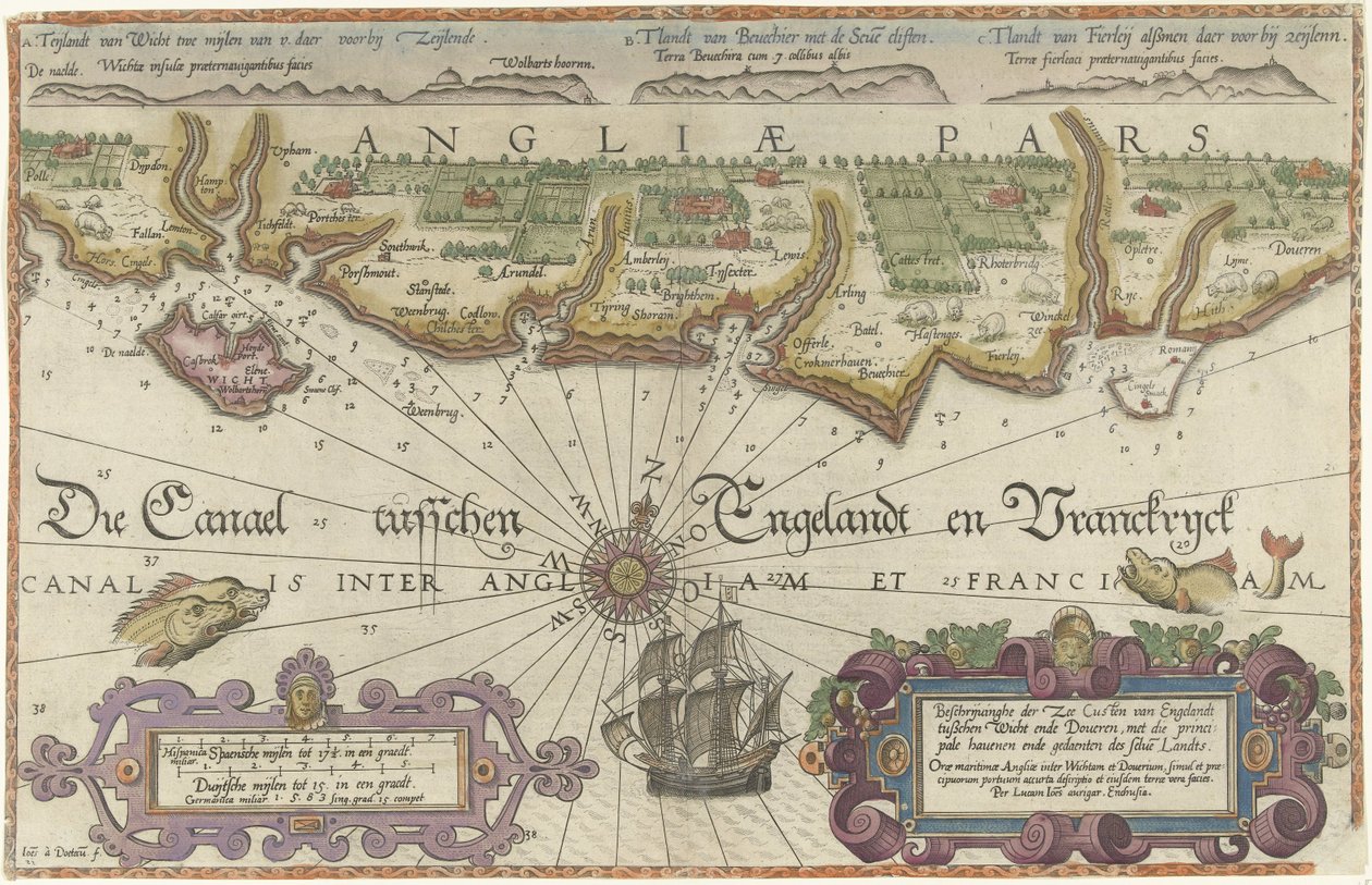 Mapa de la costa inglesa entre la isla de Wight y Dover de Joannes van Doetecum