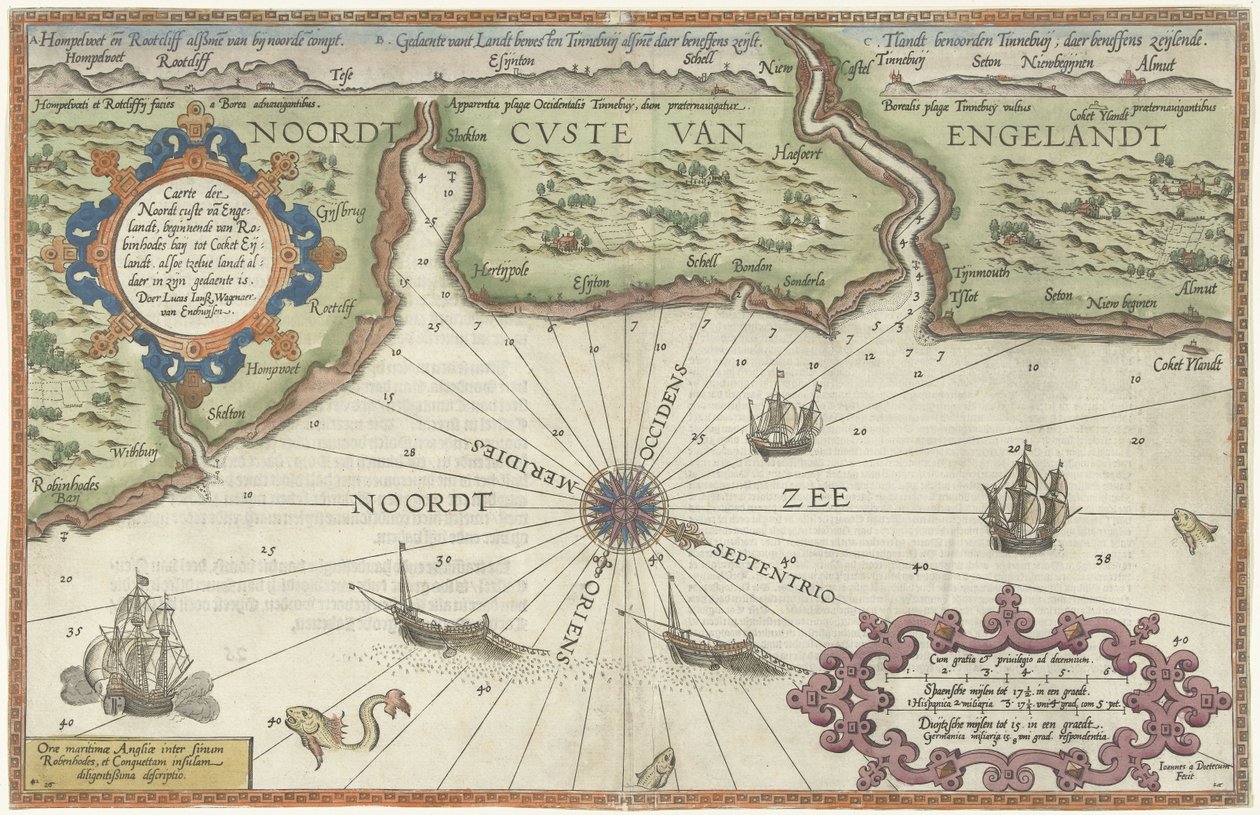 Mapa de la costa norte de Inglaterra, cerca de Newcastle upon Tyne de Joannes van Doetecum