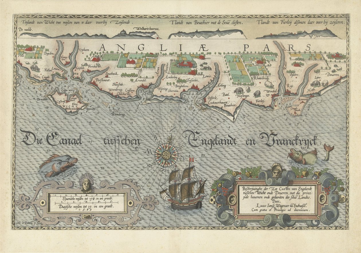 Mapa de la costa sur de Inglaterra entre la isla de Wight y Dover de Joannes van Doetecum
