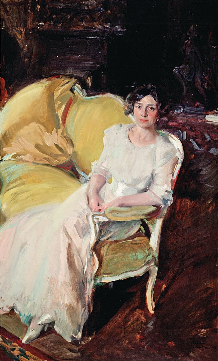 Clotilde sentada en el sofá de Joaquín Sorolla