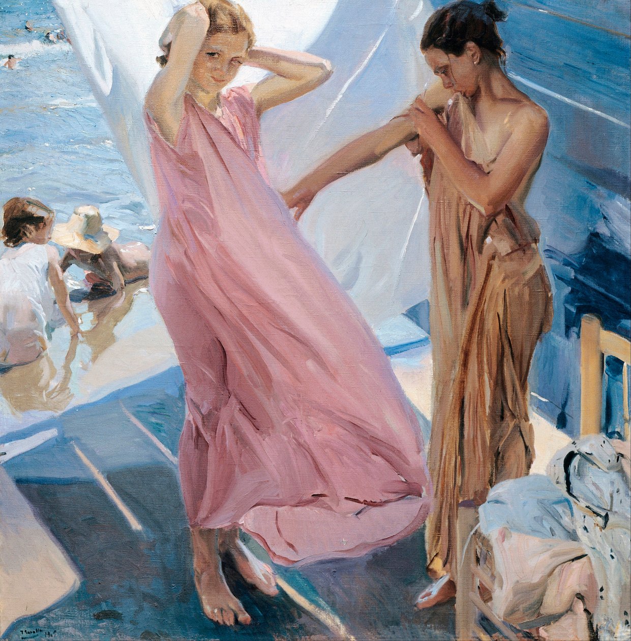 ""Apres le bain"" (Después del baño) dos niñas cambiándose después de bañarse en el mar Pintura de Joaquín Sorolla y Bastida (1863-1923) - 1909 - Óleo sobre lienzo - Museo Sorolla Madrid de Joaquin Sorolla y Bastida