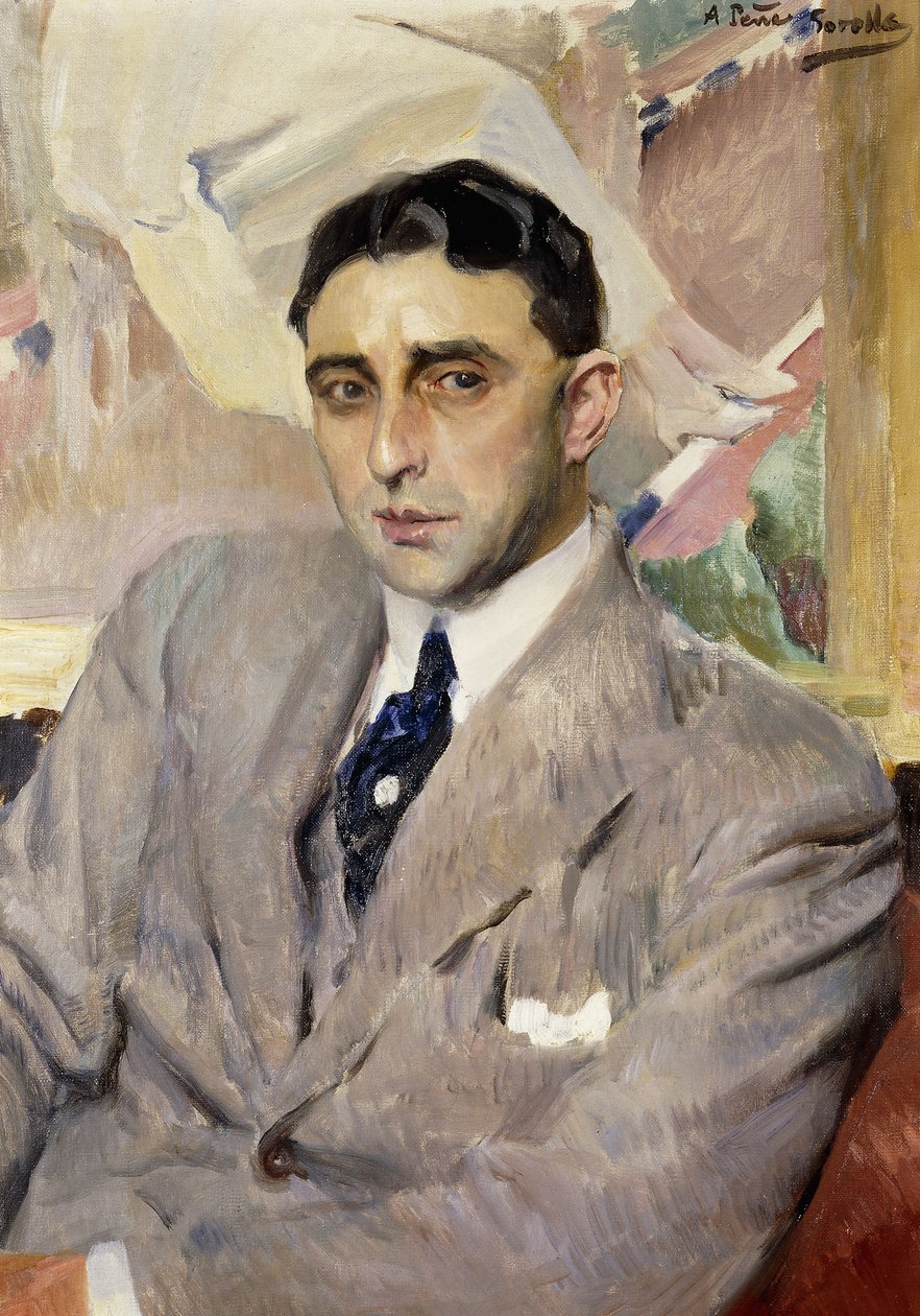 Retrato del actor, Ramón Peña, medio cuerpo, vistiendo un traje gris de Joaquín Sorolla