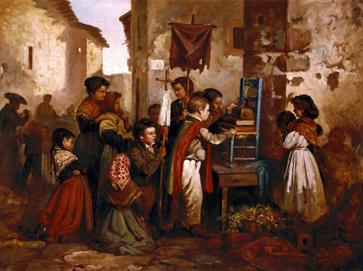 Niños jugando en la procesión religiosa de Joaquin Vayreda