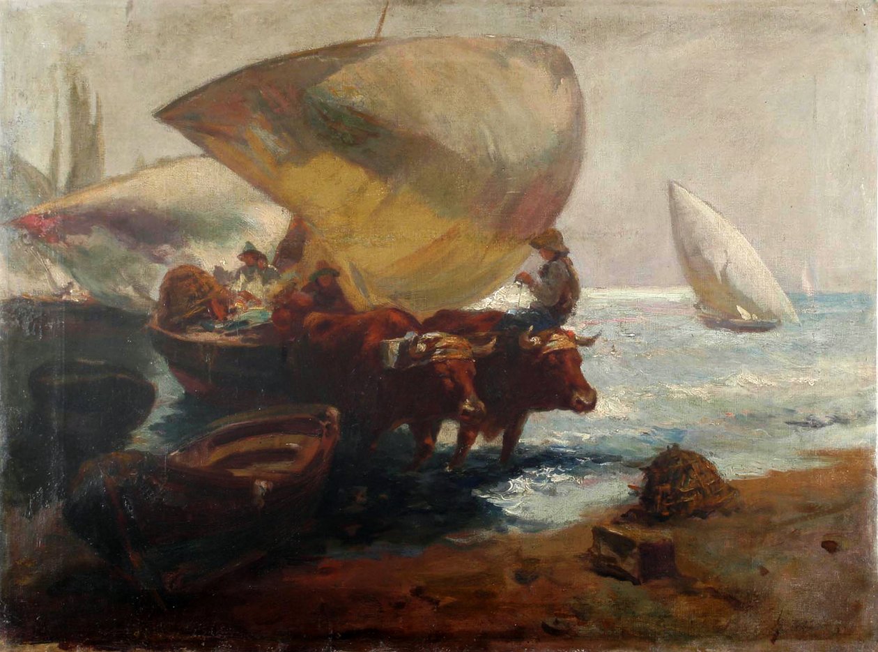 Escena de playa con figuras y toros de Joaquín Sorolla