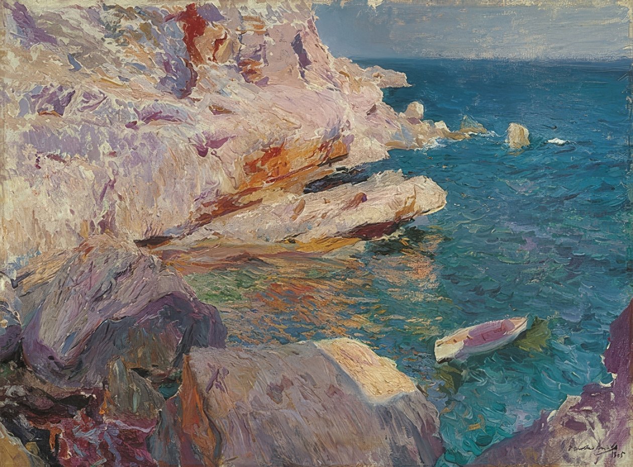 Rocas de Jávea con barco blanco de Joaquín Sorolla