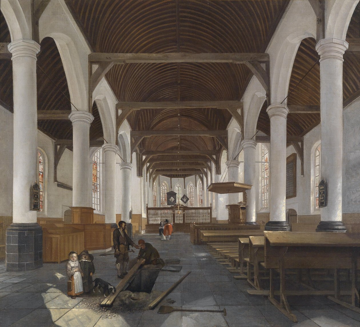 El interior de una iglesia barroca (¿la Oude Kerk en Ámsterdam?) de Job Berckheyde