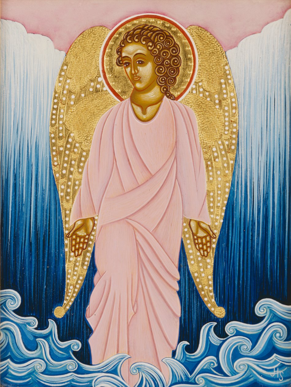 Gabriel, ángel del agua, 2004 (temple al huevo y oro de 24 quilates sobre madera) de Jodi Simmons