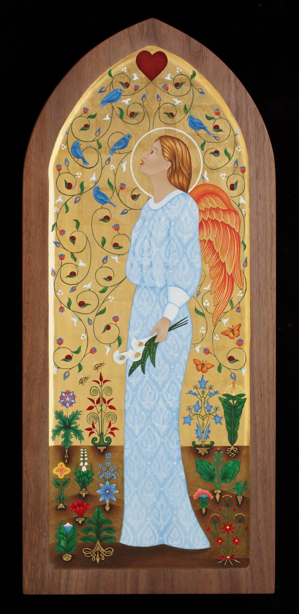 Ángel de jardín, 2015 (temple al huevo y oro de 24 quilates sobre madera) de Jodi Simmons