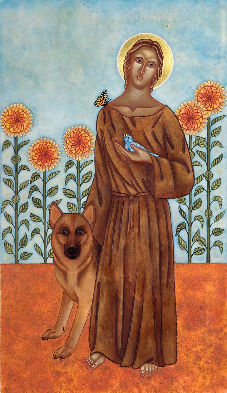 San Francisco y el lobo de Gubbio, 2009 (temple al huevo y oro de 24 quilates sobre madera) de Jodi Simmons