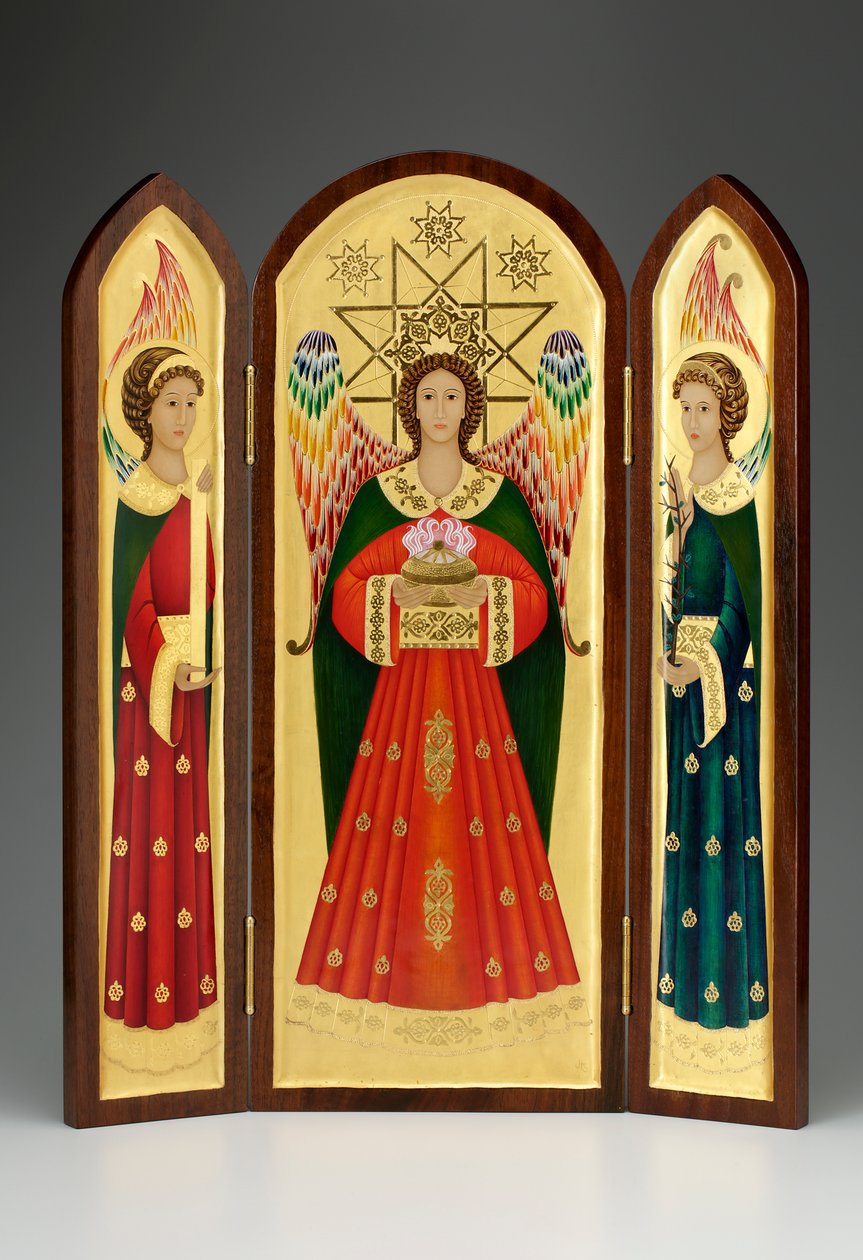 Los regalos, 2013 (temple al huevo y oro de 24 quilates sobre madera) de Jodi Simmons