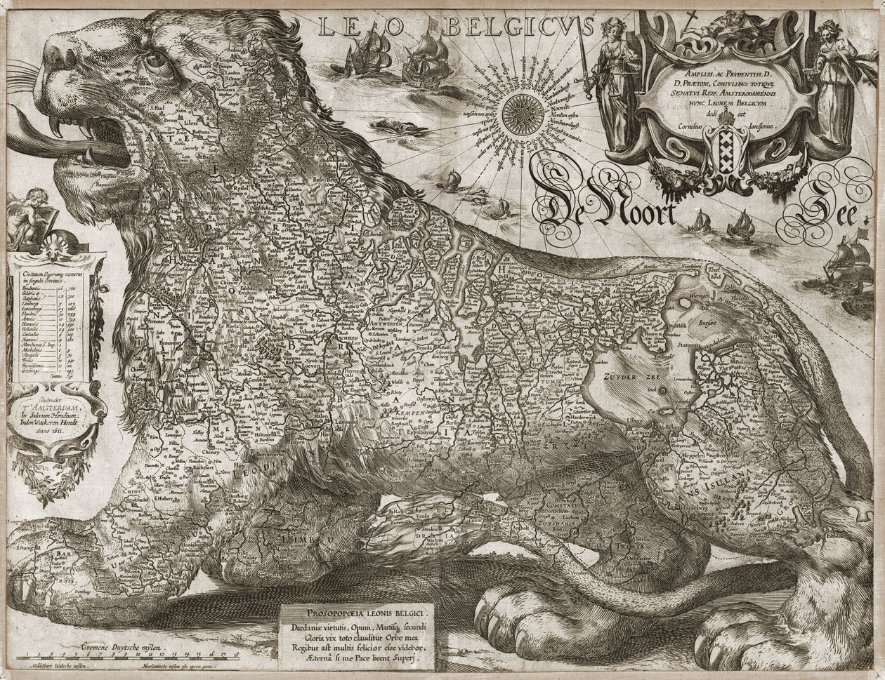 Leo Belgicus - mapa de los Países Bajos (1611) de Jodocus Hondius