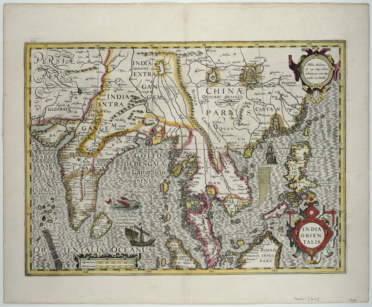 El subcontinente indio hasta Filipinas pasando por las porciones septentrionales del archipiélago indonesio y la península malaya, principios del siglo XVII de Jodocus Hondius