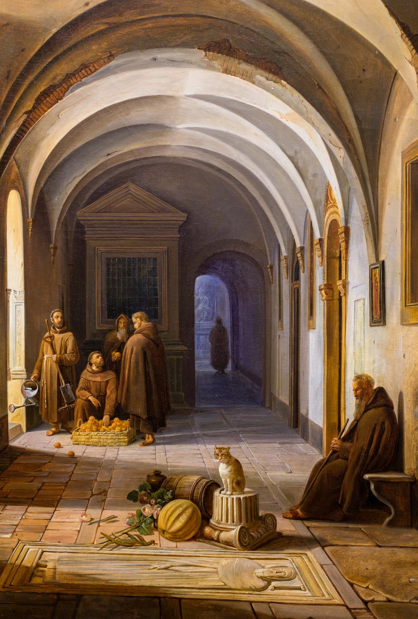 Monjes franciscanos en el claustro de Santa Maria d