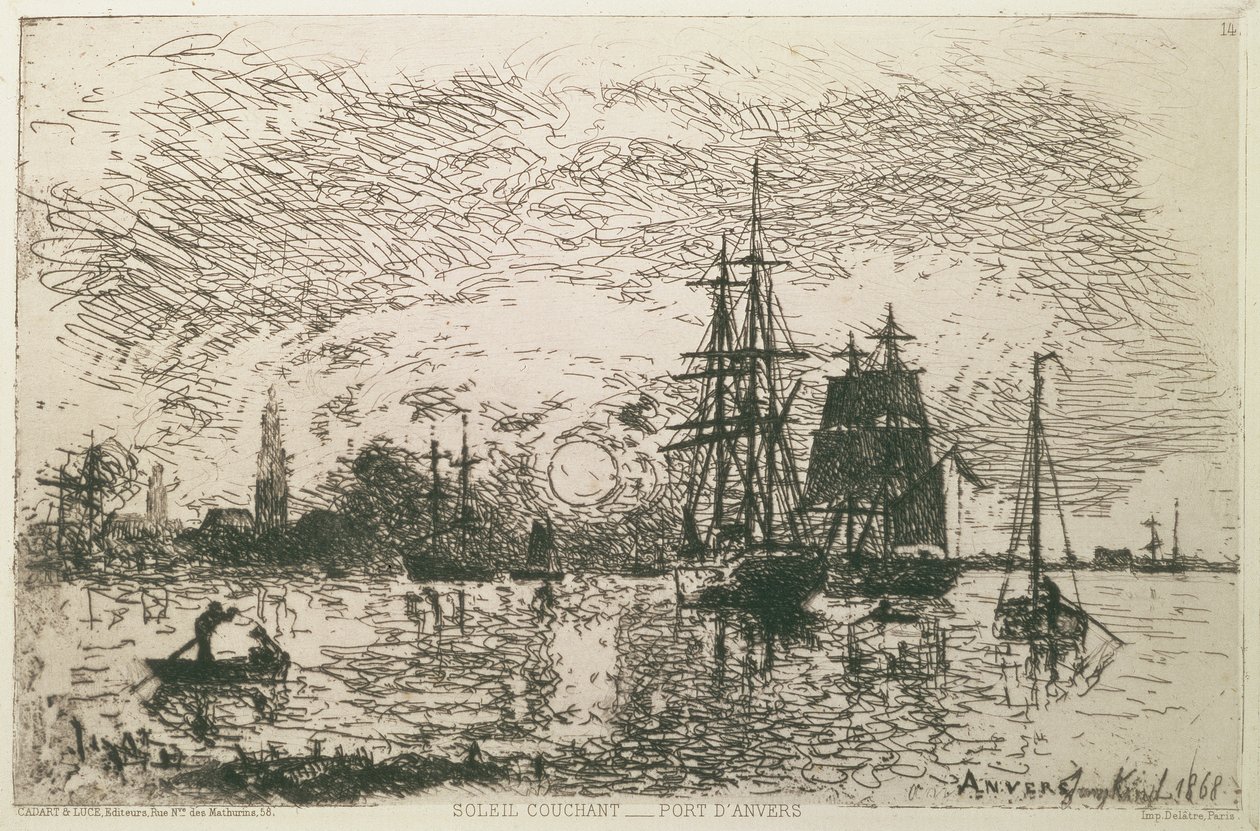 Puesta de sol, el puerto de Amberes, 1868 de Johan Barthold Jongkind