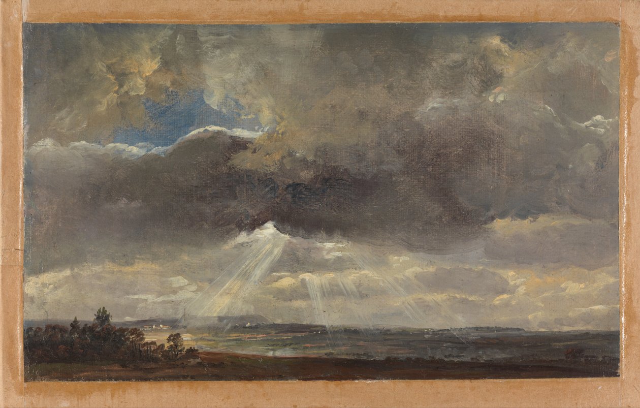 Nubes y rayos de sol sobre el Windberg cerca de Dresde de Johan Christian Dahl