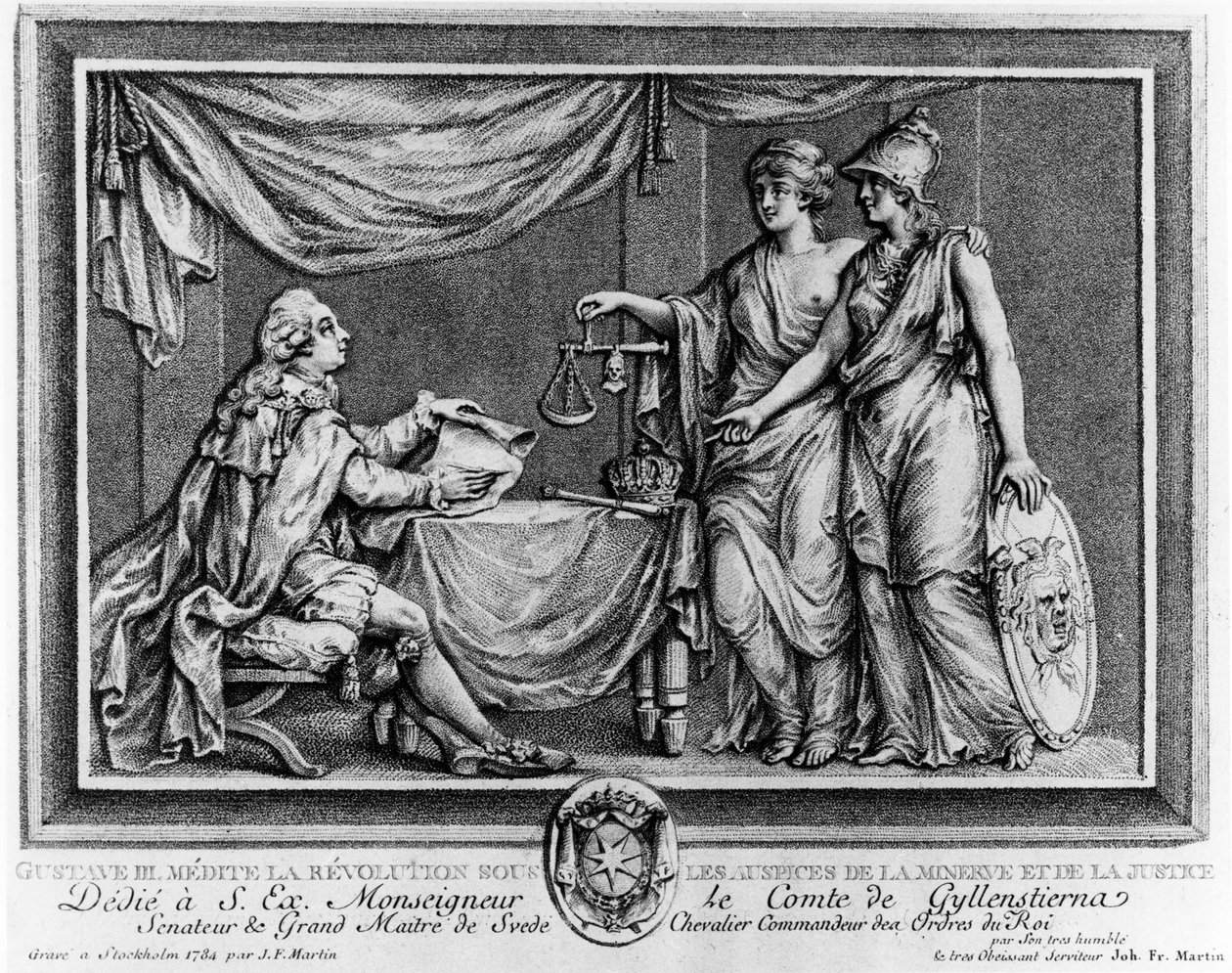 Gustavo III contemplando la Revolución bajo los auspicios de Minerva y Justicia, 1784 de Johan Fredrik Martin