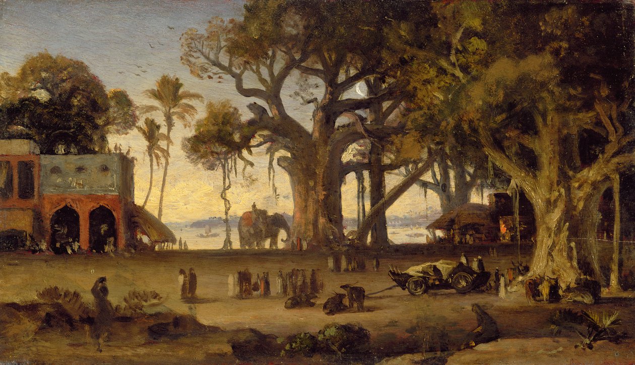 Escena nocturna de figuras indias y elefantes entre árboles de banyan, India superior (probablemente Lucknow) de Johan Joseph Zoffany