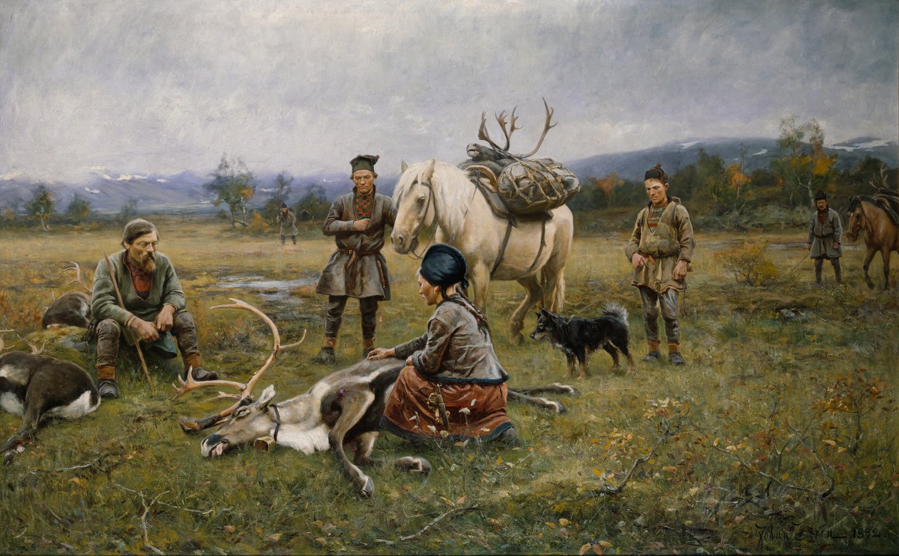 Lapps recolectando renos disparados, 1892 de Johan Tiren