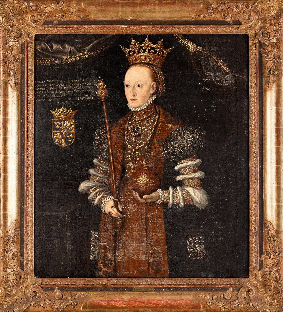 Retrato de Margarita Lejonhufvud (de soltera Margareta Eriksdotter) (1516-1551), reina de Suecia - Pintura de Johan Baptista van Uther (activo 1562-1597), óleo sobre lienzo (102x90 cm) de Johan Baptista van (active 1562 1597) Uther