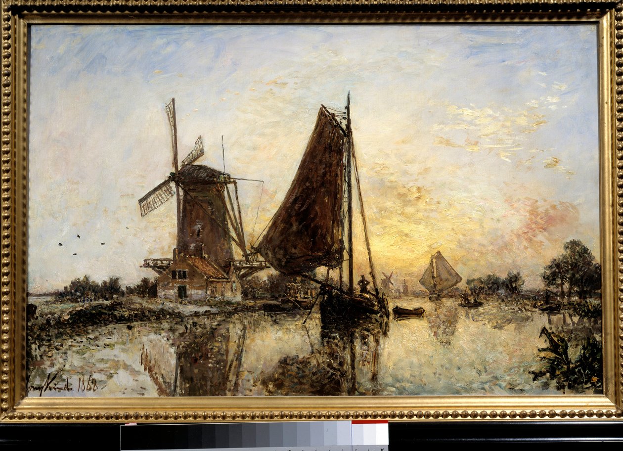 Paisaje holandés, barcos cerca del molino de Johan Barthold Jongkind