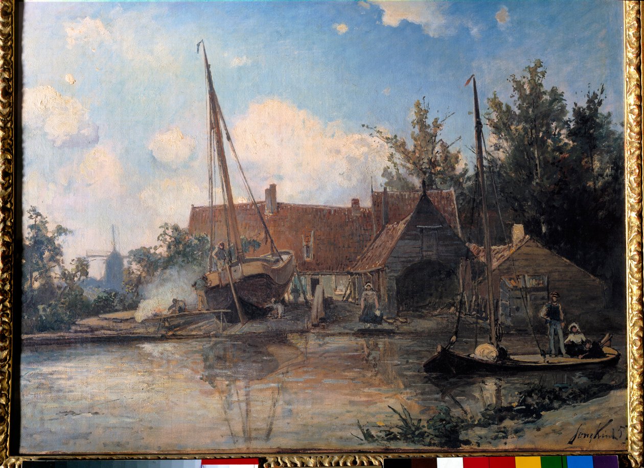 Paisaje holandés con un gran barco calafateando de Johan Barthold Jongkind