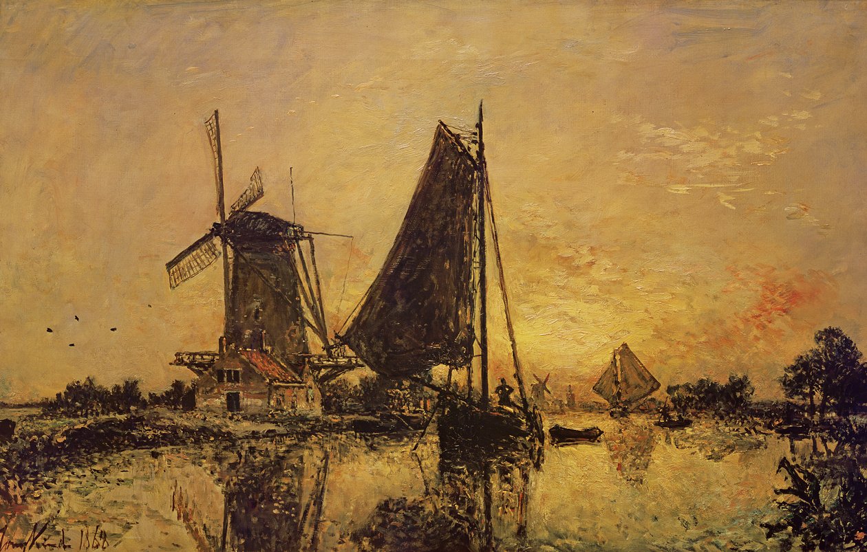 En Holanda, Barcos cerca de un Molino de Viento, 1868 de Johan Barthold Jongkind