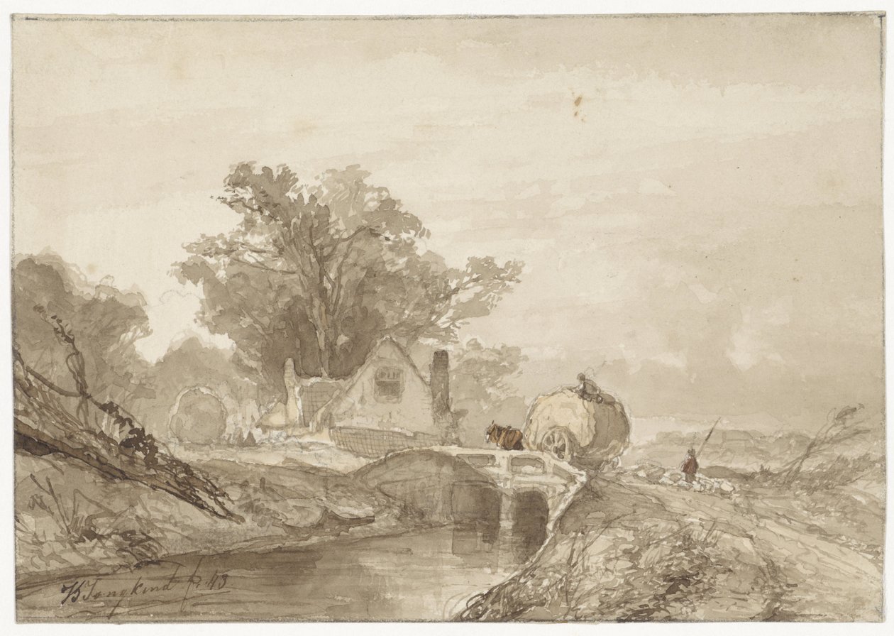 Paisaje con un puente rematado por un carro de heno de Johan Barthold Jongkind
