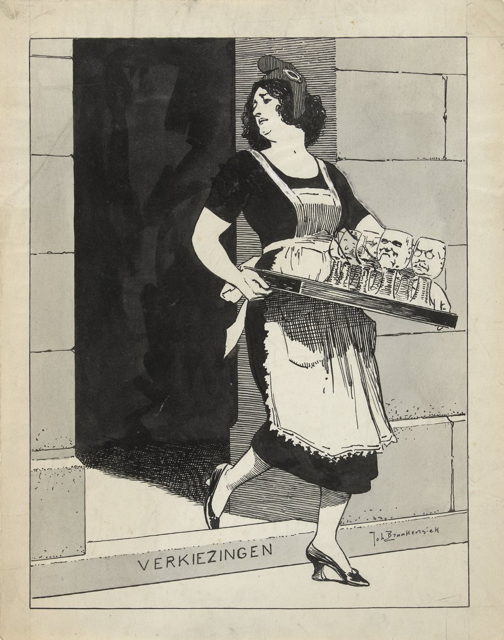 Diseño para la ilustración de De Amsterdammer: La Virgen holandesa como criada con una bandeja de vasos tropieza con el escalón Elecciones (17 de mayo de 1924) de Johan Braakensiek