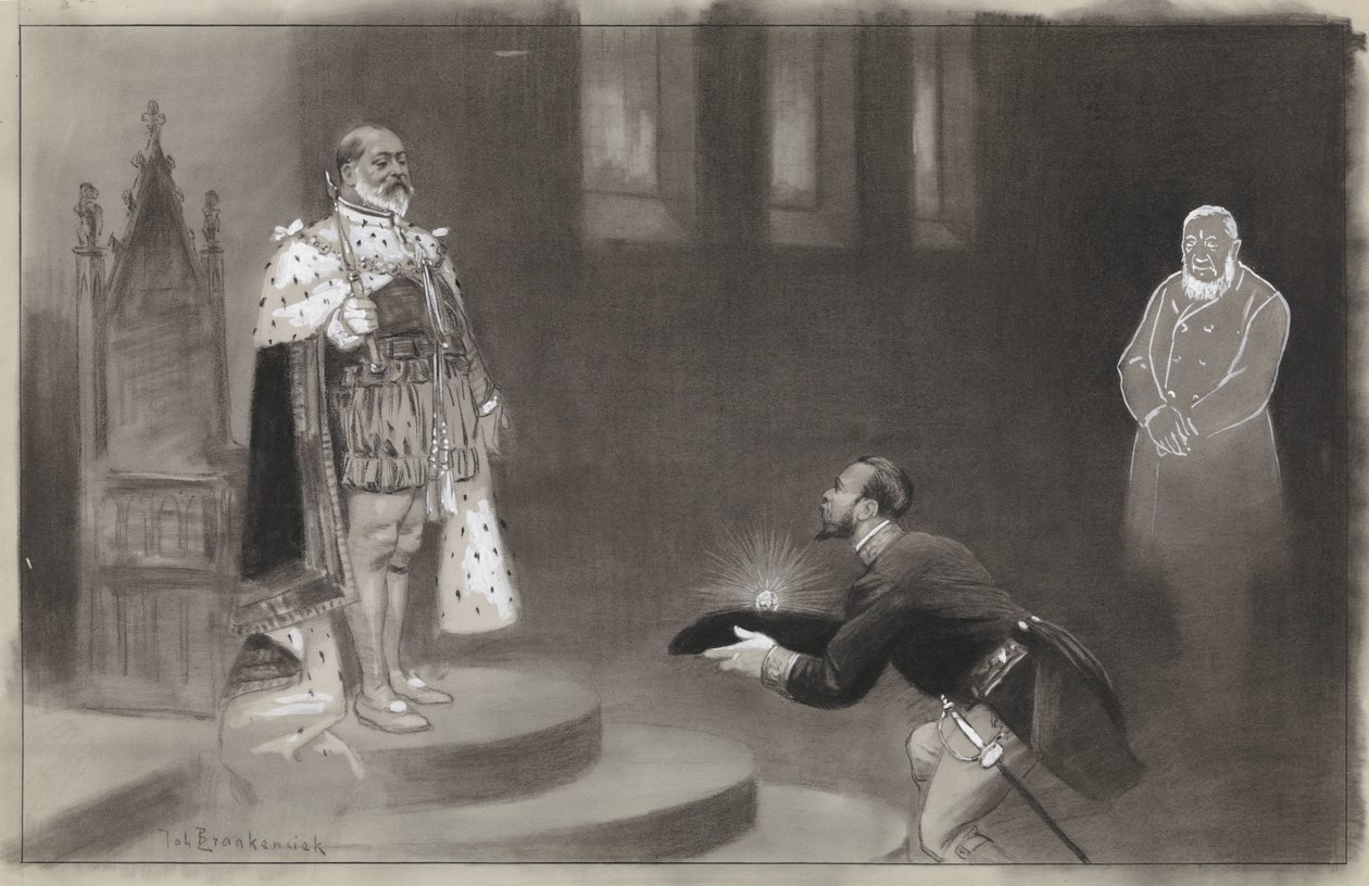 Diseño para la ilustración en De Amsterdammer: El regalo de los transvalores para el rey Eduardo de Johan Braakensiek