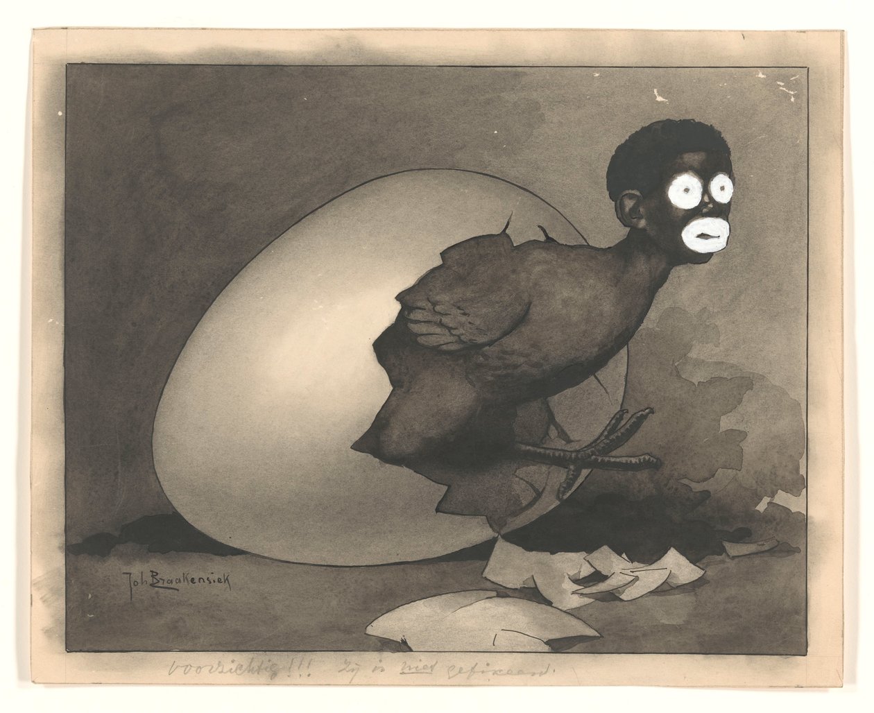Diseño para una ilustración en De Amsterdammer: un hombre negro sale de un huevo (19 de abril de 1930) de Johan Braakensiek