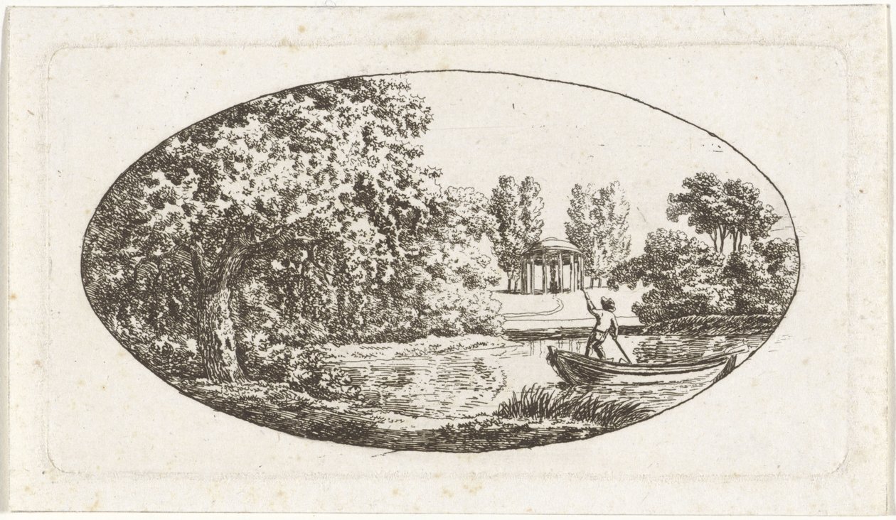 Estanque con un templo con una estatua al otro lado de Johan Christiaan Willem Safft