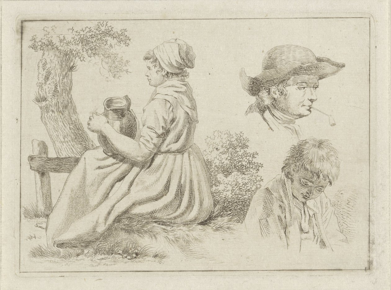 Mujer sentada con un cántaro, retrato de un hombre con una pipa y un niño de Johan Christiaan Willem Safft