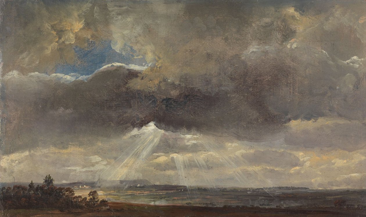 Nubes y rayos de sol sobre el Windberg cerca de Dresde de Johan Christian Dahl